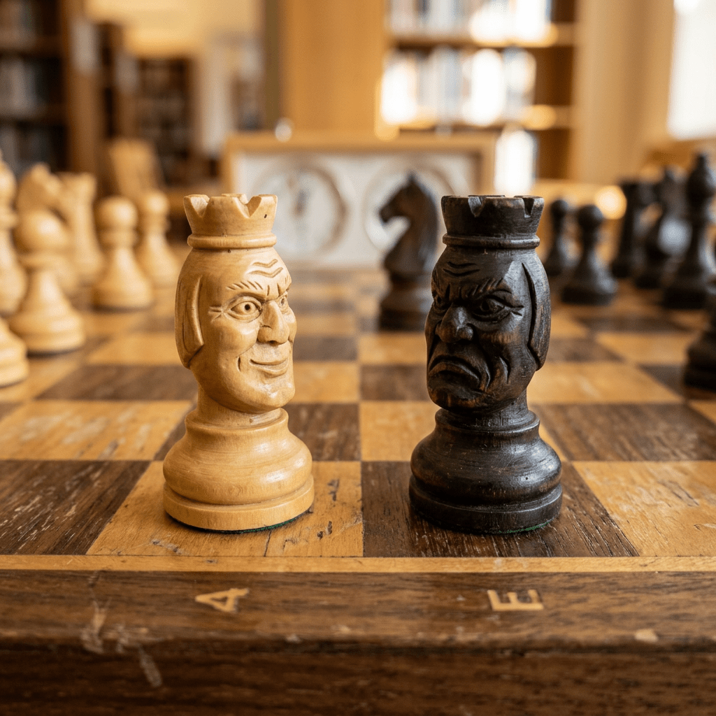 Two chess pawns with faces opposing on board