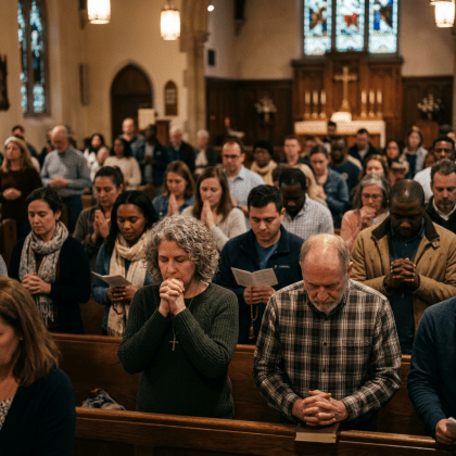People in a church praying with heads bowed and hands clasped